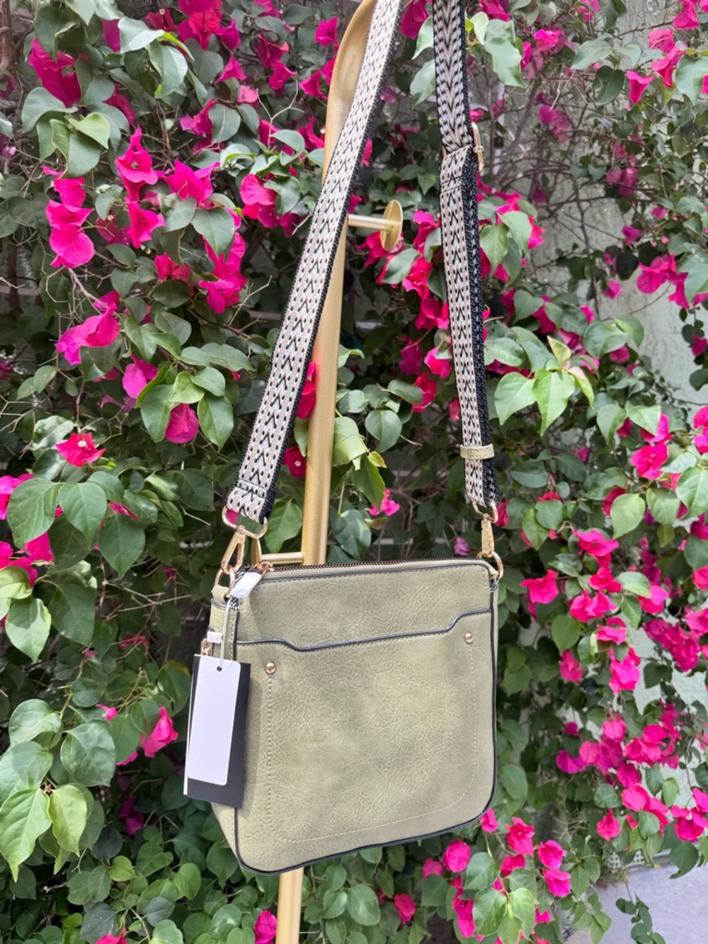 Olive Green Crossbody Shoulder Bag with Patterned Strap